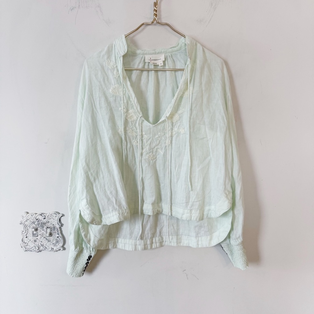 by Anthropologie Mint Green Floral Embroidered Linen Peasant Blouse M - Picture 6 of 11